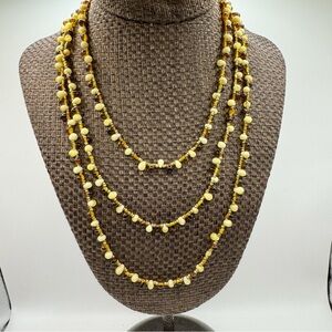 Amber glass and seed bead long layering necklace artisan glass